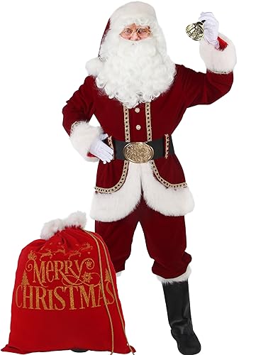 Santa Claus Costume for Men Deluxe Christmas Santa Suit 11pcs Red Adult Professional Xmas Cosplay Party Holiday Outfit