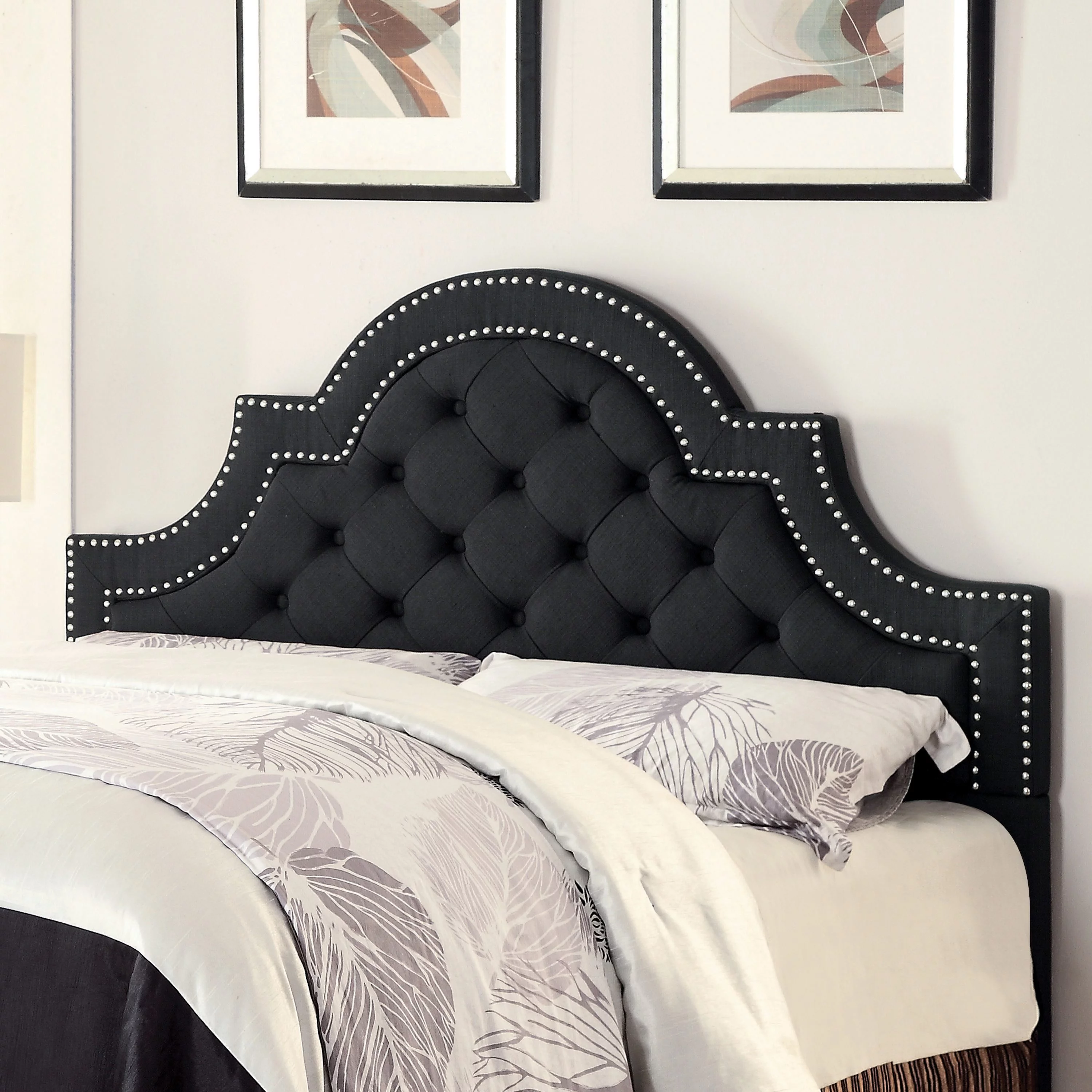 Coaster Home Furnishings Ojai Modern Traditional Camel Back Tufted Upholstered Headboard with Double Row Chrome Nailheads - Full / Queen - Charcoal Fabric