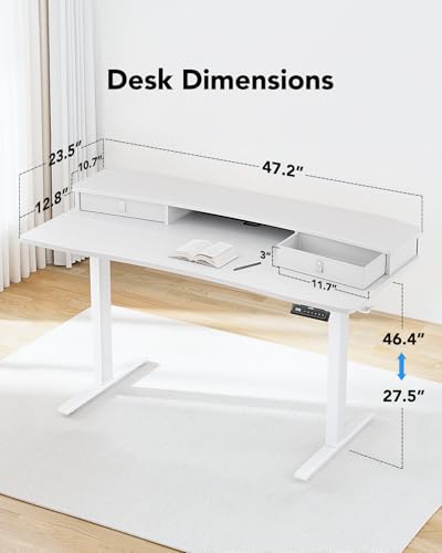 HUANUO 48″ x 24″ Electric Standing Desk with 2 Drawers, C-Clamp Mount Compatible, Height Adjustable Computer Desk, Home Office Stand Up Desk with 4 Preset Heights & 2 Hooks, Black