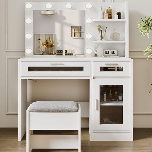 Vanity Desk with Mirror and Lights, Makeup Vanity with Drawer & Storage Shelves, Cabinet, 3 Lighting Modes Adjustable Brightness, Bedroom Dressing Table, White
