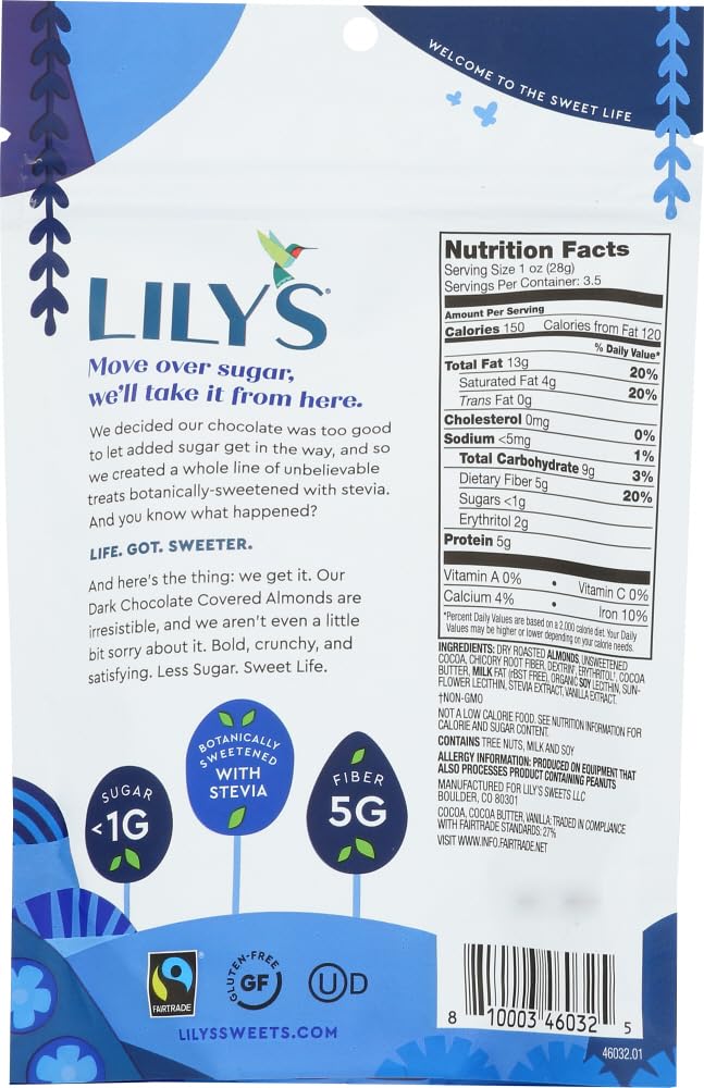 Lily's Stevia Sweetened 55% Cacao Dark Chocolate Covered Almonds, 3.5 oz