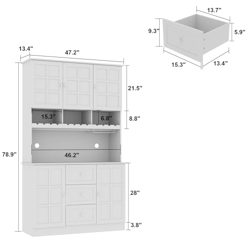 Homsee Modern Kitchen Pantry with Glass Doors, Drawers & Adjustable Shelves, Freestanding Wood Cupboard Storage Cabinet with Cup Holder for Living Room, White (47.2”W x 16.3”D x 78.9”H)