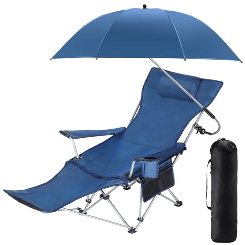 Beach Chair with Umbrella Reclining Camping Chair with Foot Rest Umbrella with Universal Clamp UPF 50+ 360 Degree Adjustable Umbrella Portable Lightweight Foldable Chair for Outdoor (Blue)