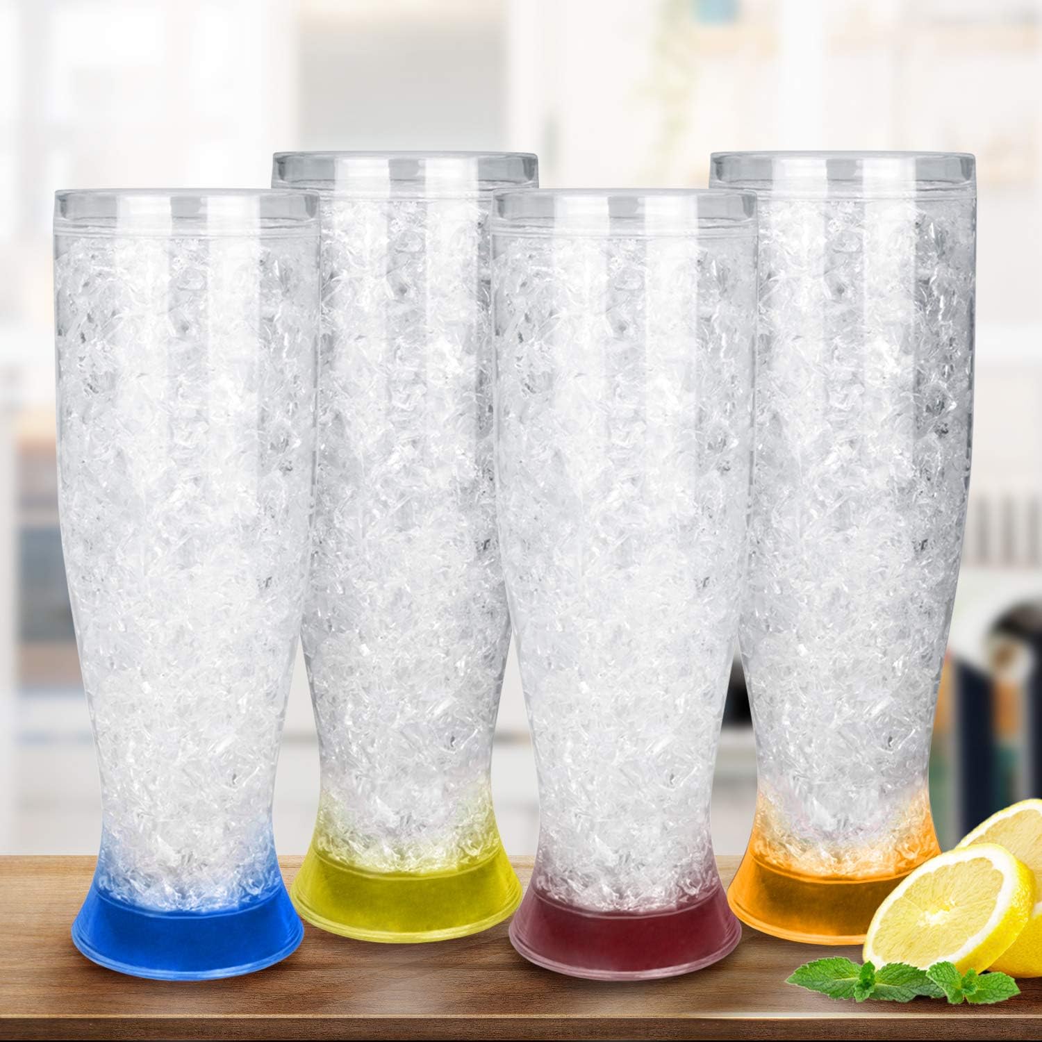 Freezer Ice Beer Mugs, Drinking Glasses, Double Wall Gel Frosty Beer Mugs, Cooling Wine Cups for Parties and Gifts, Clear 16oz Set of 4 (Red, Orange, Yellow and Blue)