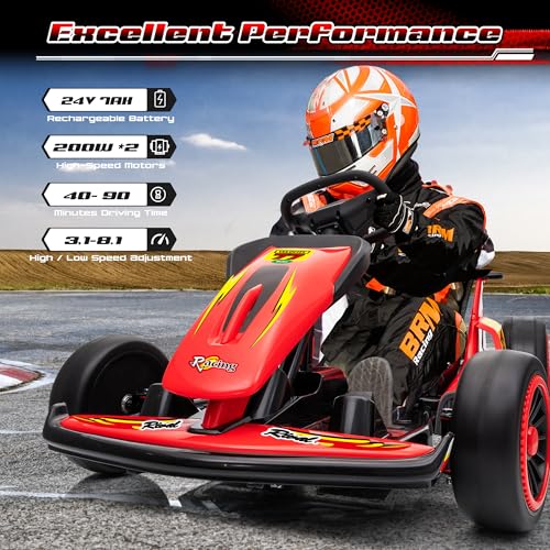 24V Electric Go Kart for Kids, 400W Drift Cart with EVA Tires, High/Low Speed, Max Speed 8.1 MPH, Music, Wireless, Electric Crazy Go-Kart Outdoor Ride on Toy for Kids Ages 6+, Red