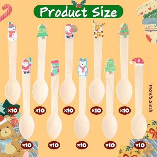 Christmas Wooden Spoons - 100 Set Xmas Disposable Spoons With Cute Top Tag Bag Rope, Snowman Tree Sample Taster Spoon, For Winter Tasting Hot Cocoa Chocolate Cake Ice Cream Stirring Supplies