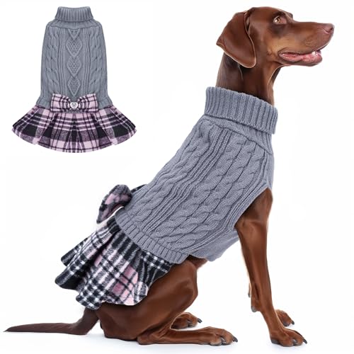 KYEESE Dog Sweater Knitwear Dog Sweaters for Small Dogs Girl Thick Dogs Clothes with Bowtie Stretchy Cat Sweaters Warm Pullover Pet Coats Soft Turtleneck Pet Sweater Dress for Cold Weather Winter