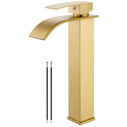 Airuida Brushed Gold Tall Waterfall Bathroom Vessel Sink Faucet Modern Bathroom Vanity Faucet Single Handle Single Hole Farmhouse Bar Mixer Tap Washbasin Faucet Deck Mount