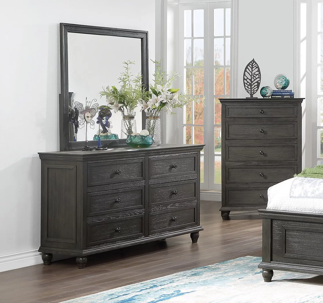 Transitional Style Bedroom Gray Finish 4pc Bedroom Set Eastern King Size Bed Dresser Mirror Nightstand Furniture