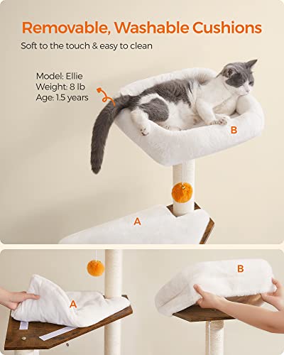 Feandrea Cat Tree with Litter Box Enclosure, 2-in-1 Modern Cat Tower, 52.8-Inch Cat Condo with Self Groomer, Scratching Posts, Washable Cushions, Greige UPCT115G01