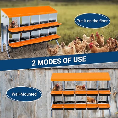 Chicken Nesting Box, 10 Hole 2 Layer Hen Nest Box with Legs, Roll Away Eggs Laying Boxes,Cleanable Pull Out Hen Roosting Boxes
