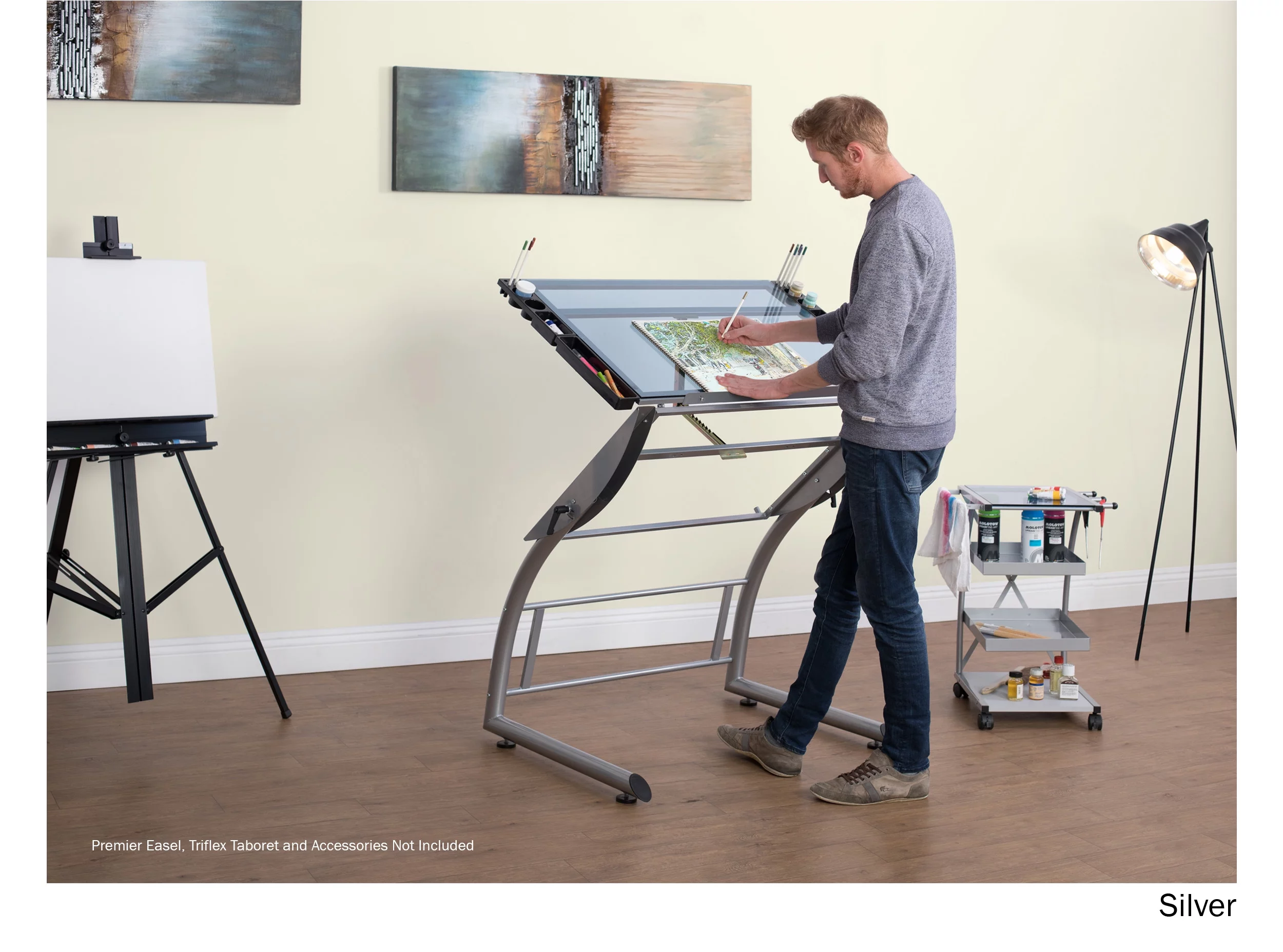 Studio Designs Triflex Adjustable Glass Top Crafting Table, Silver