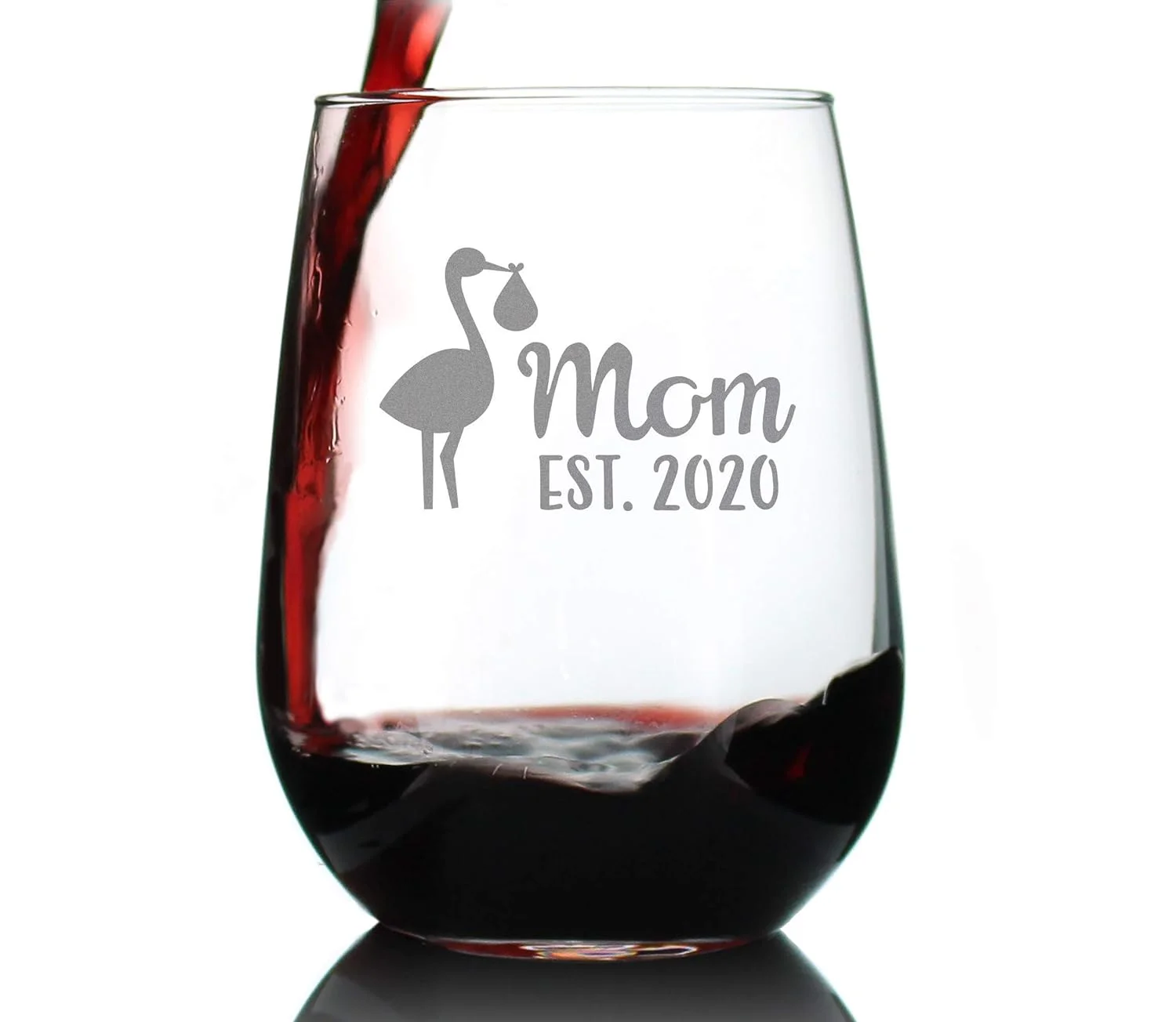 Mom Est 2020 With Stork - New Moms Stemless Wine Glass Gift For First Time Mommy - Large Glasses