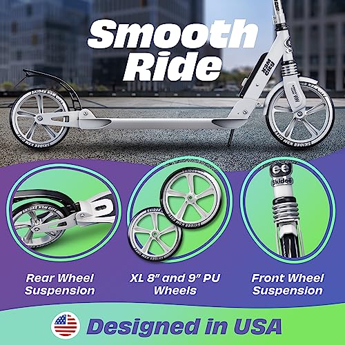 Skidee Adult & Teen Scooter Adjustable Height, Folding, Large Wheels, Lightweight, Durable, Anti-Shock Suspension, Up to 220 lbs