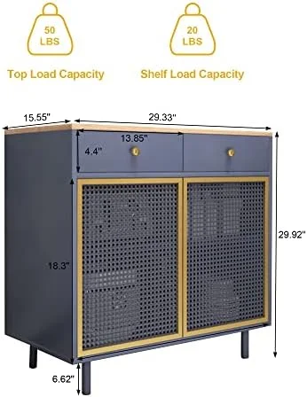 KHBIULIFE Modern Buffet Sideboard Cabinet  Iron Rattan Kitchen Accent  Cabinet Console Television Table with 2 Doors and 2 Drawers  Buffet Cabinet Accent Cabinet for Living Room Bedroom (