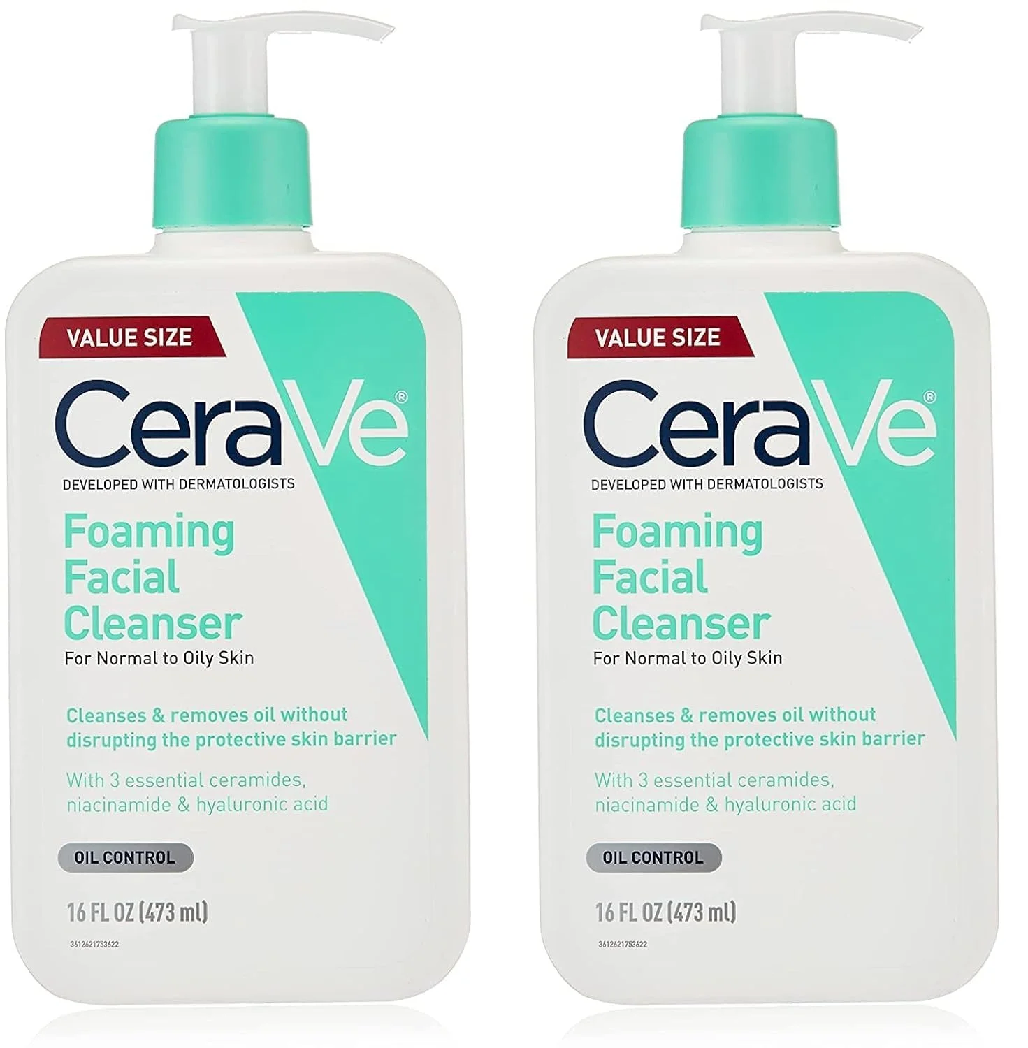 Foaming Facial Cleanser, Makeup Remover And Daily Face Wash For Oily Skin, Paraben & Fragrance Free, 2 Pack Of 16 Fl Oz