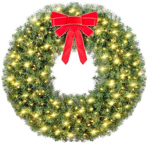 Yaheetech 48in Large Artificial Christmas Wreath, Pre-lit Holiday Accent Decoration with Red Bow, 200 LED Lights & 720 PVC Tips, Metal Structure for Door Wall & Mantel