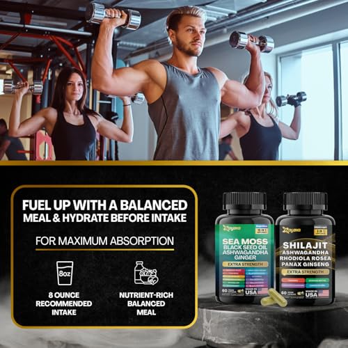 Zoyava Dynamic Vitality Bundle, Sea Moss and Shilajit Bundle, Sea Moss 7000mg, Black Seed Oil 4000mg, Ashwagandha 2000mg, Ginger & Shilajit 9000mg, Rhodiola Rosea 1000mg, Panax Ginseng (2 Pack)