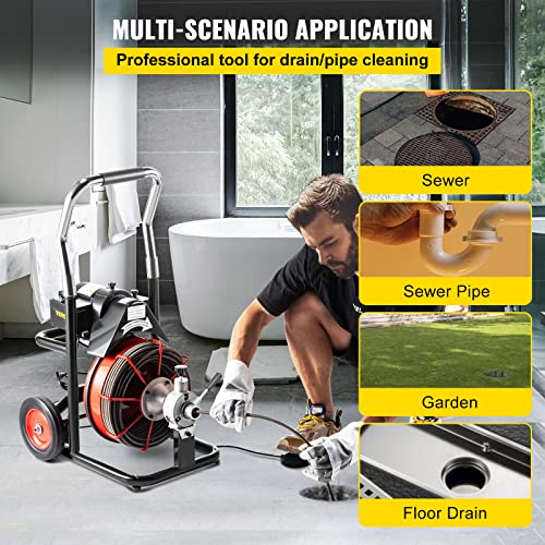 VEVOR Drain Cleaner Machine 100 ft x 1/2 inch for 2 inch to 4 inch(50-100mm) Pipes, 550W Open Drain Cleaning Machine 1700 RPM Electric Drain Auger with Cutters Glove Drain Auger Sewer Snake