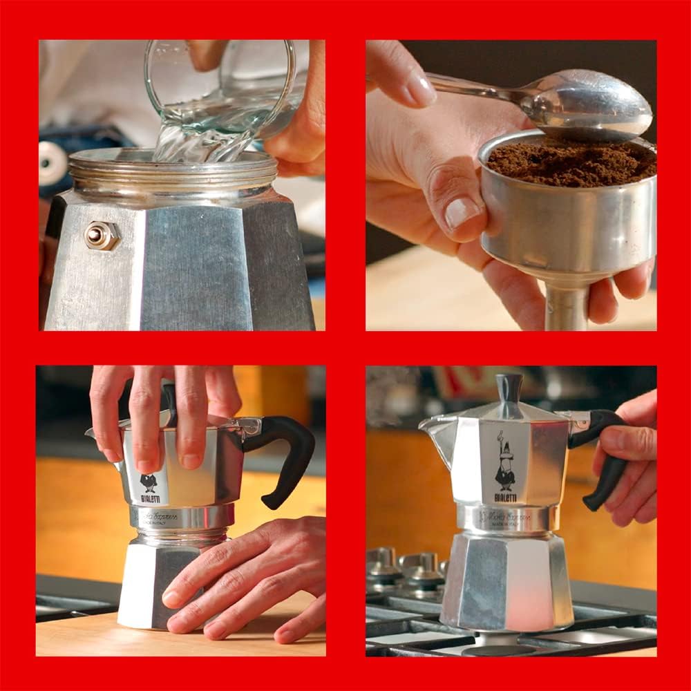 Moka Express: Iconic Stovetop Espresso Maker, Makes Real Italian Coffee, Moka Pot 3 Cups (4.4 Oz - 130 Ml) , Aluminium, Silver & Stainless Steel Plate, Heat Diffuser Cooking Induction Adapter, Steel