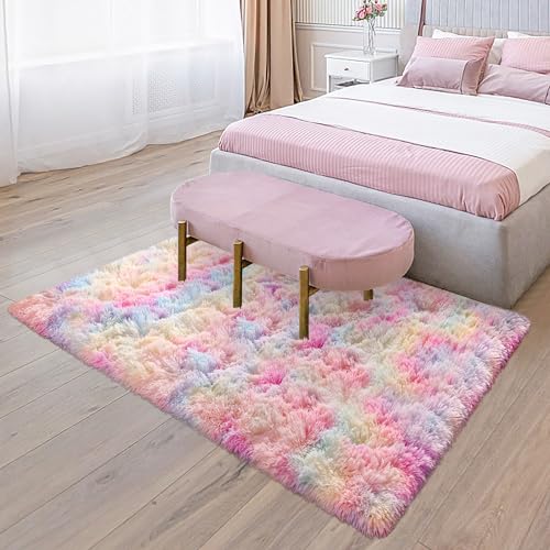 Rainbow Rugs 5x8 Fluffy Plush Area Rugs for Girls Bedroom, Shaggy Rugs for Kids Playroom, Kawaii Princess Fuzzy Rugs for Nursery Baby Toddler, Cute Colorful Room Decor for Girls Room