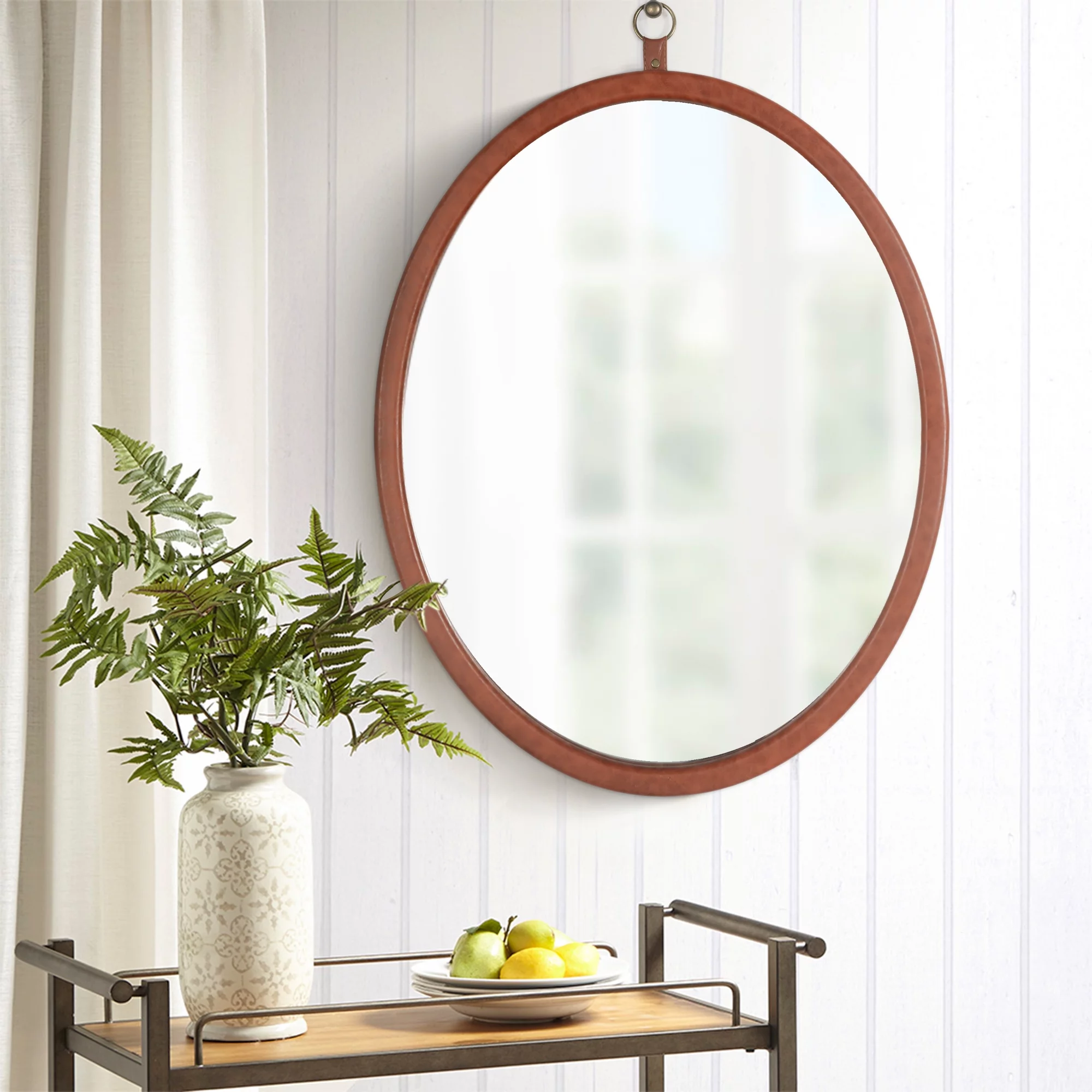 Oval Brown Decorative Wall Hanging Mirror,PU Covered MDF Framed Mirror for Bedroom Living Room Vanity Entryway Wall Decor,23.62x29.92inch