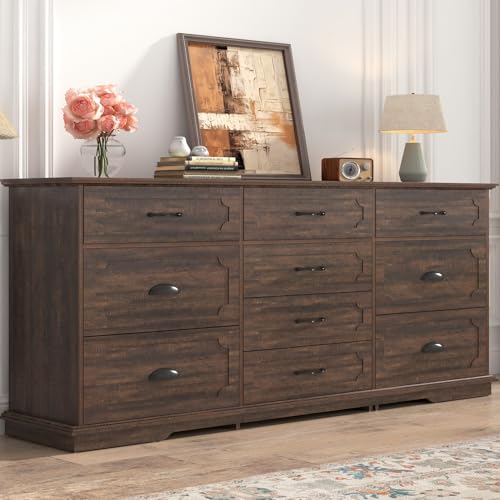 70inch Large Long Dresser w/Charging Station,10 Drawer Dresser w/Deep Big Drawers,Wooden Chest of Drawers w/Power Outlet,White Dressers for Bedroom,Living Room,Entryway