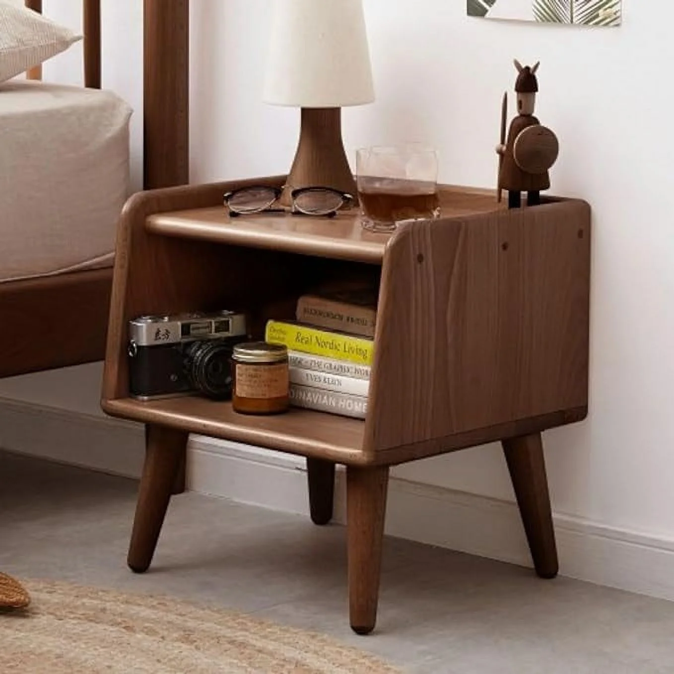 Durable Solid Wood Walnut Finish Mid Century Nightstand Bedside Table with Open Storage - Ideal for Bedroom