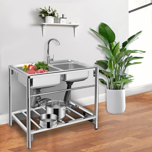 Outdoor Utility Sink Stainless Steel Double Bowl Free Standing Commercial Restaurant Kitchen Sink with Hot and Cold Faucet for Laundry,Garage,Cafe Bar 31.5