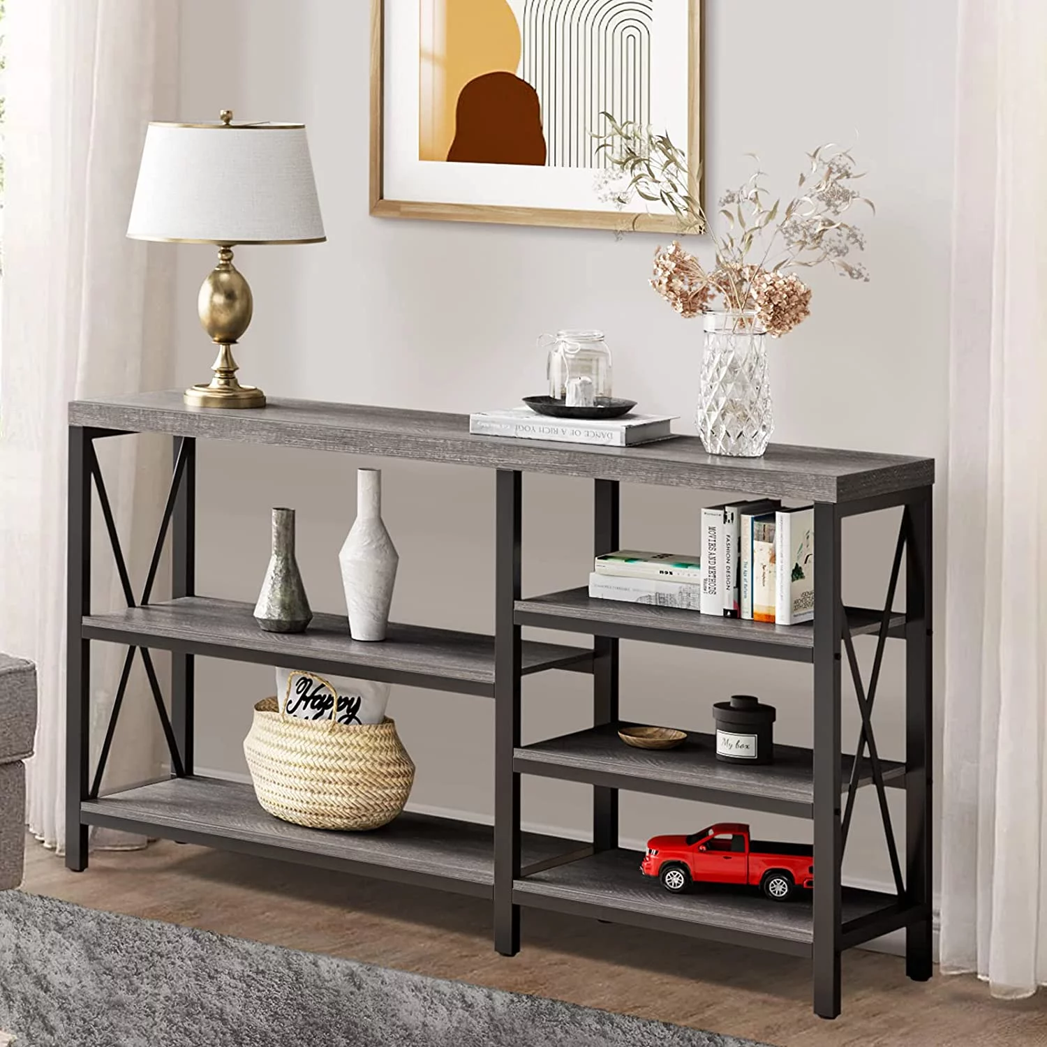 5-Tier Console Table with Shelf Sofa Side Table for Living Room, Home Office, Modern Gray