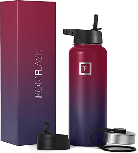 IRON °FLASK Camping & Hiking Hydration Flask with 3 Lids - Stainless Steel, Double Walled & Vacuum Insulated Water Bottle - Leak Proof & BPA Free (Midnight Black, Straw - 40 oz)