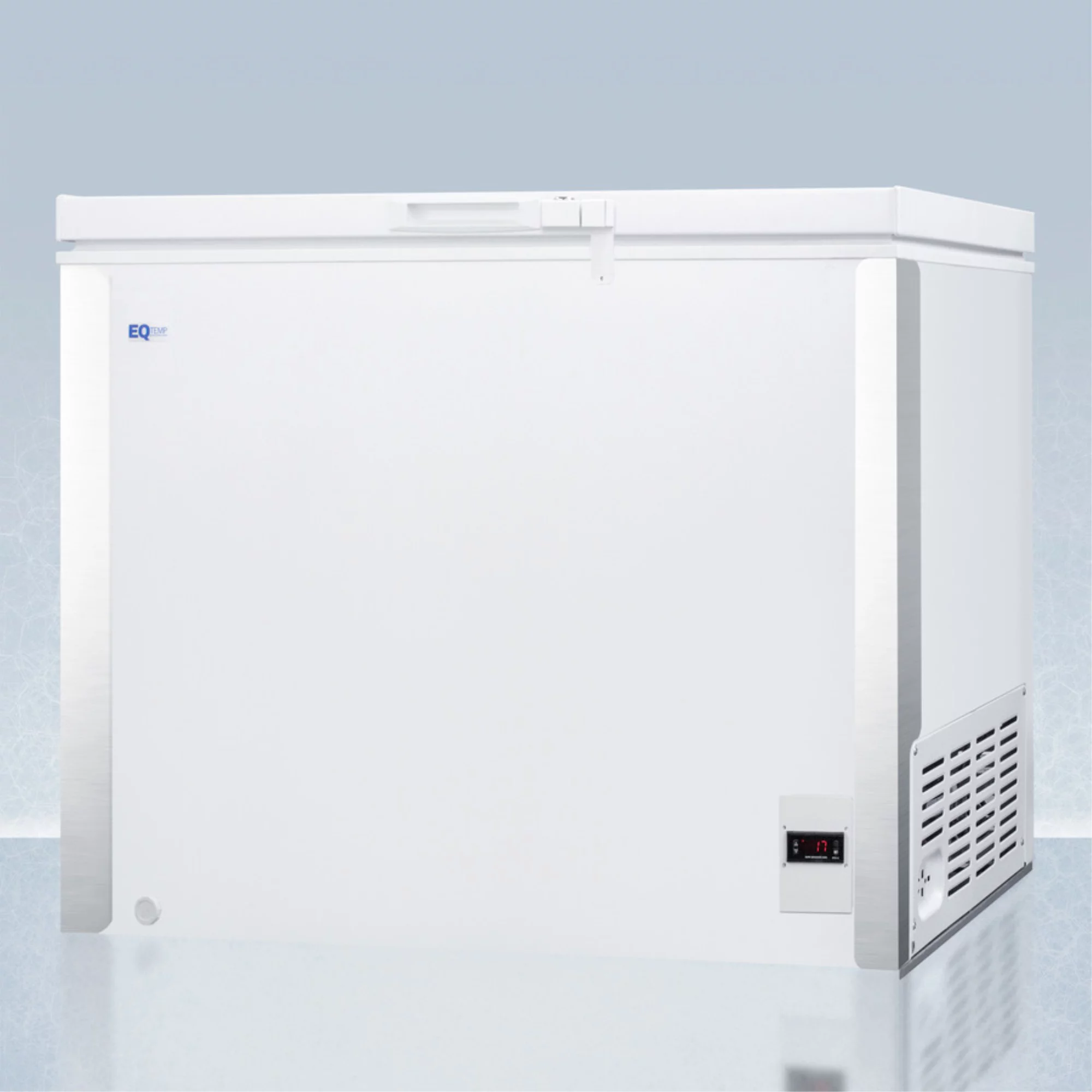 Commercially listed 8 cu.ft. frost-free chest freezer in white with digital thermostat for general purpose storage