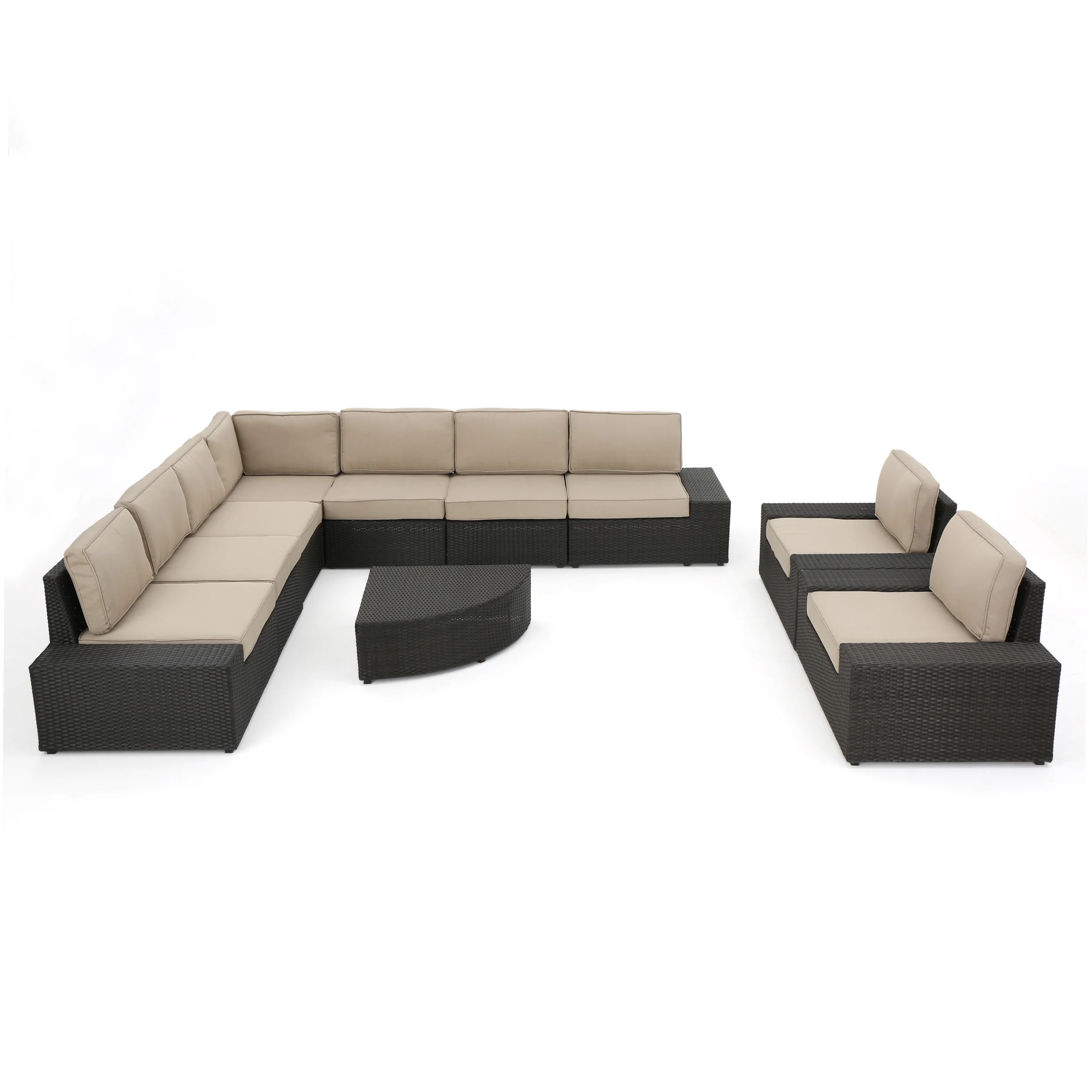 Keyston Outdoor 10 Piece Wicker Sofa Set withCushions (8 Piece Sectional with 2 Club Chairs), Dark Brown, Beige