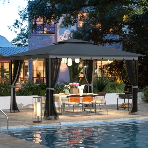 [Upgraded] 10x12 Gazebo with Mosquito Netting,Sturdy Metal Outdoor Patio Gazebo[Heavy Duty Frame],Canopy Tent with Dual Air Roof,Patio Canopy Tent,Waterproof/Wind Resistant for Garden Deck Poolside