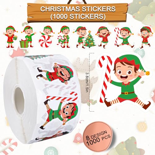 1000Pcs Christmas Stickers Roll 8 Designs Elves Decals Assorted Funny Cartoon Xmas Elf Adhesive Decorative Stickers for Gift Greeting Card Party Supplies