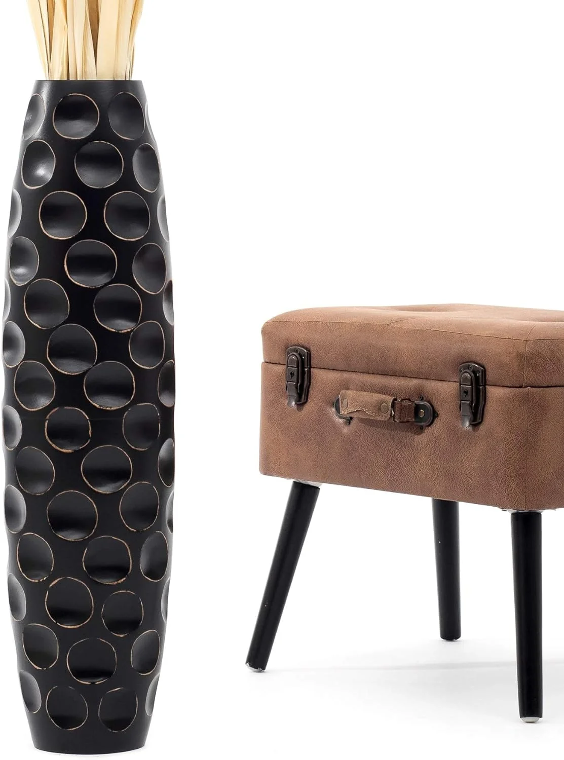 YGDU Large Floor Vase – Handmade Flower Holder Made of Wood, Sophisticated Vessel for Decorative Branches and Dried Flowers, 28 inches, Black