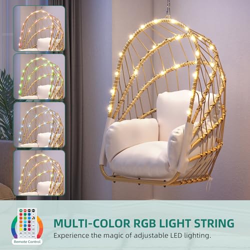 YITAHOME Hanging Egg Chair Without Stand, Rattan Wicker Swing Egg Chair with Light String & Resistant Cushion, 300lbs Capacity, Foldable Hanging Basket Chair for Porch, Garden, Balcony - Beige