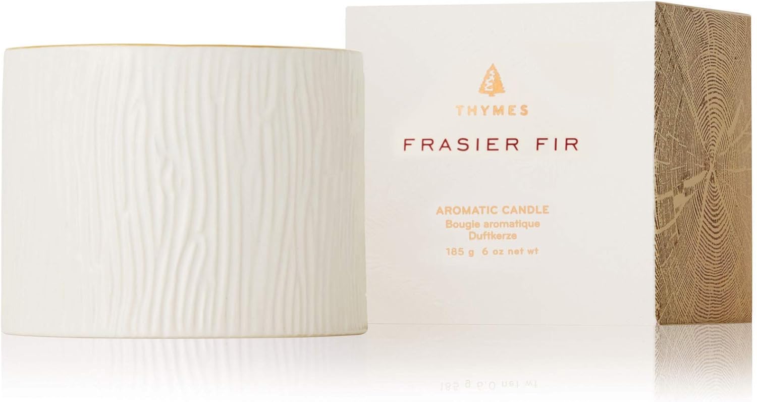 Thymes Frasier Fir Candle - Gilded Ceramic Small Jar Candle - Scented Candle with a Luxury Home Fragrance - Elegant Holiday Candle - Single-Wick Candle - White Candle (6 oz)