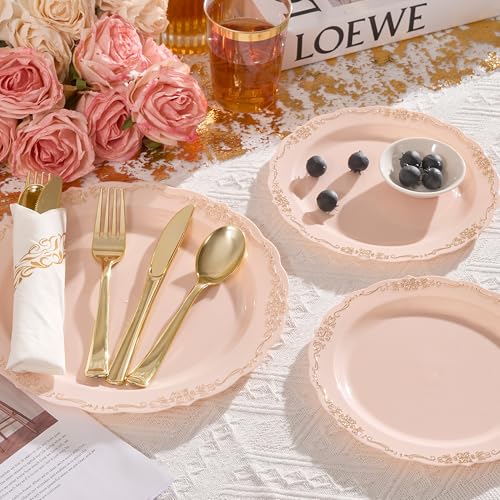 350 PCS Gold Disposable Plates, Scalloped Dinnerware Set for 50 Guests, 100 Plastic Plates, 150 Silverware, 50 Cups & 50 Paper Napkins, Gold