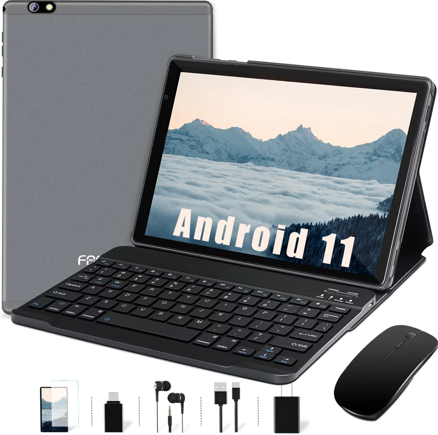 Tablet 10.1'' Tablet Android 11 with Keyboard+Mouse,5G+2.4G WiFi,4GB+64GB ROM(TF 512GB),Octa-Core,2.0GHz,8000mAh-Grey