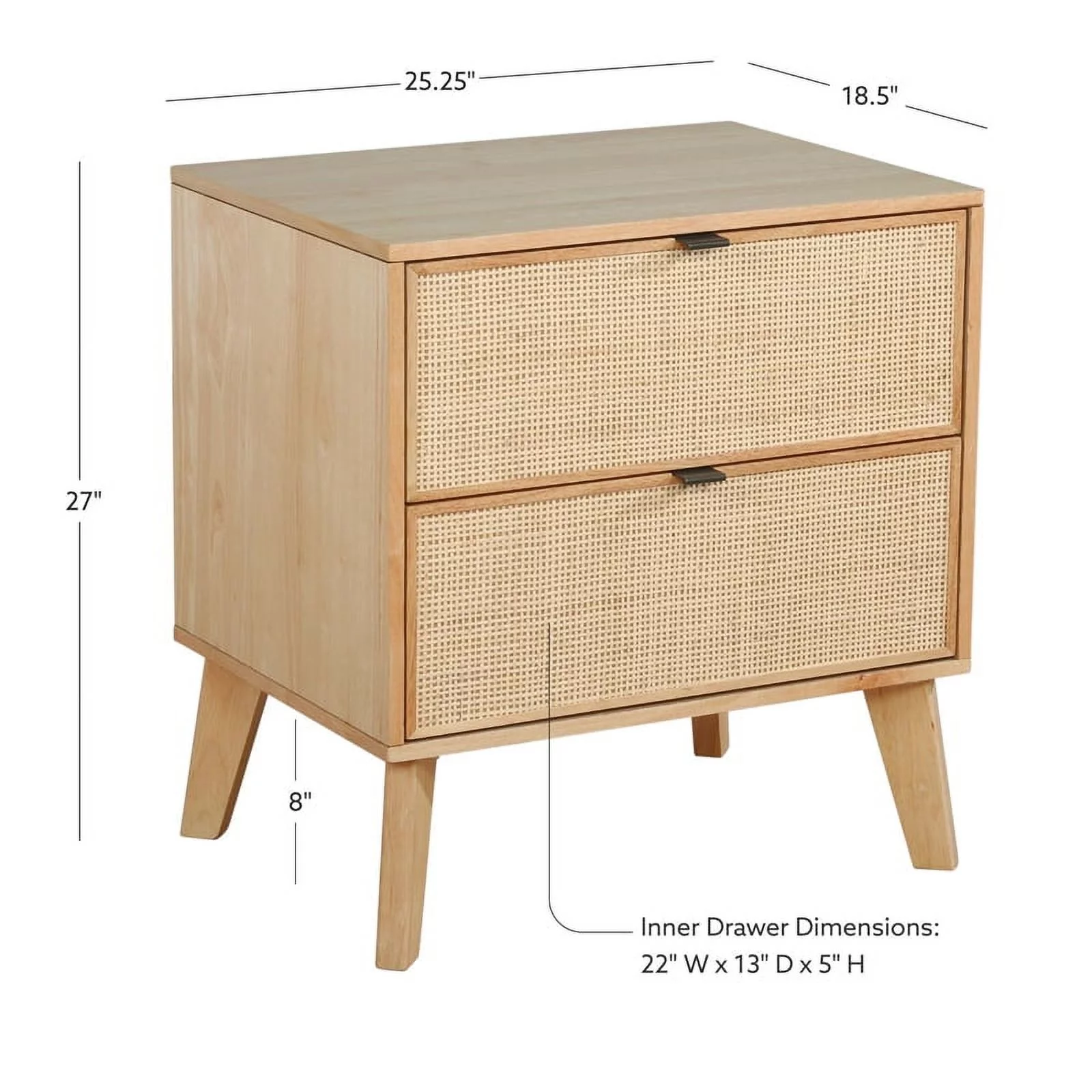 Linon Winnie Wood Nightstand 2 Drawers with Cane Front Panels in Natural Stain
