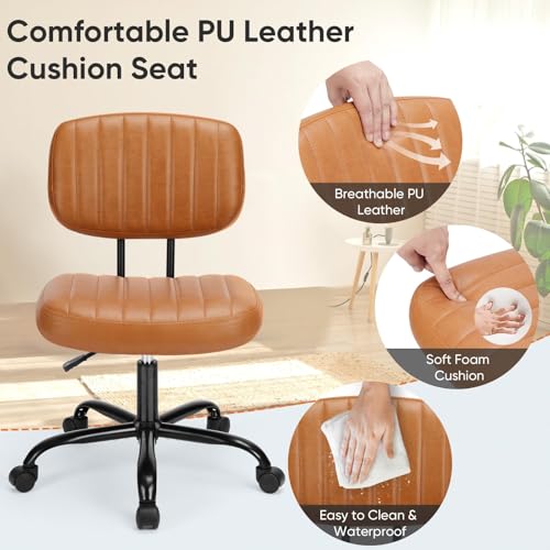 DUMOS Armless Small Home Office Desk Chair - Vanity Task Chair with Low Back, Height Adjustable PU Leather Swivel Computer Chair with 360° Rolling Wheels, Deep Brown
