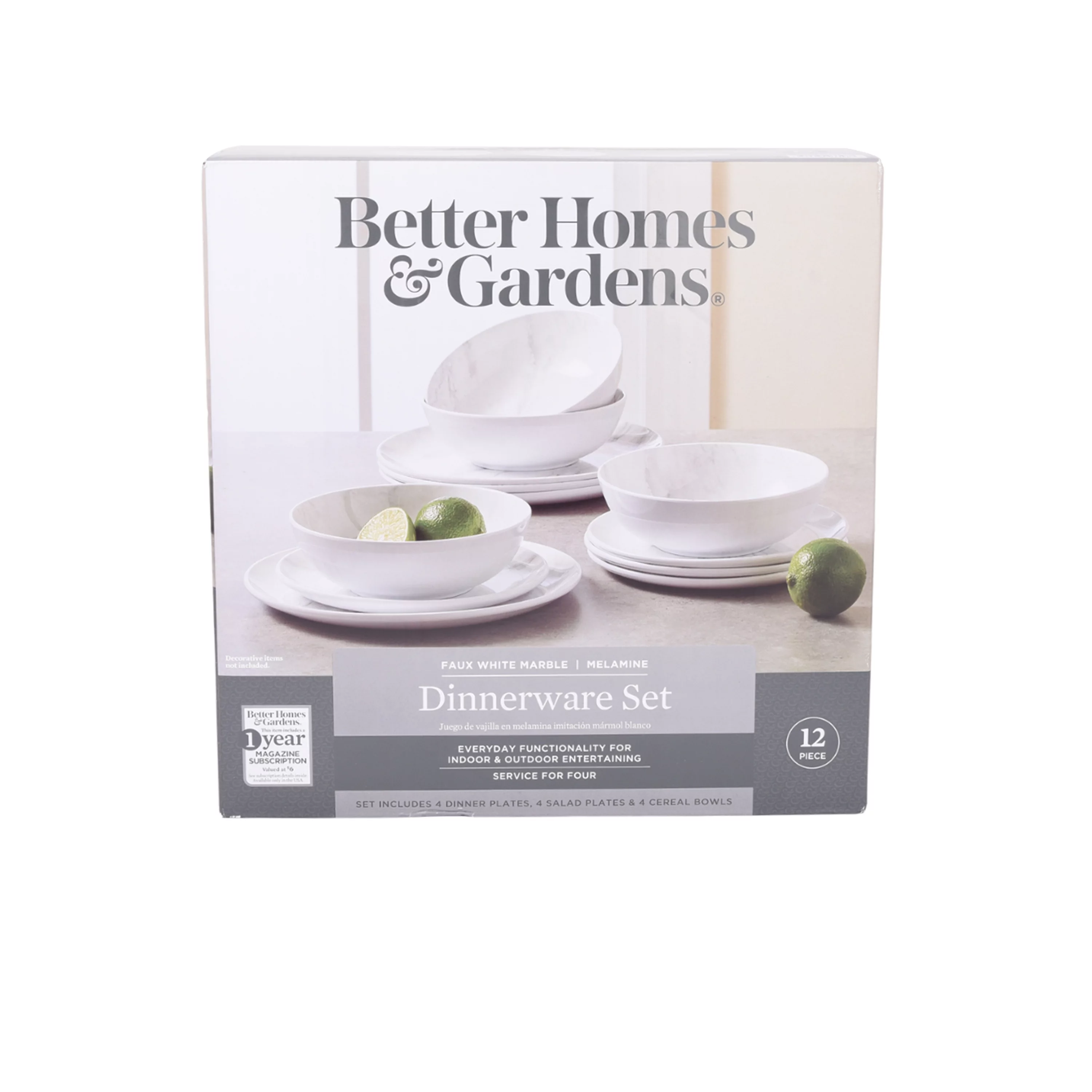 Better Homes & Garden 12-Piece Melamine Grey and White Marble Dinnerware Set