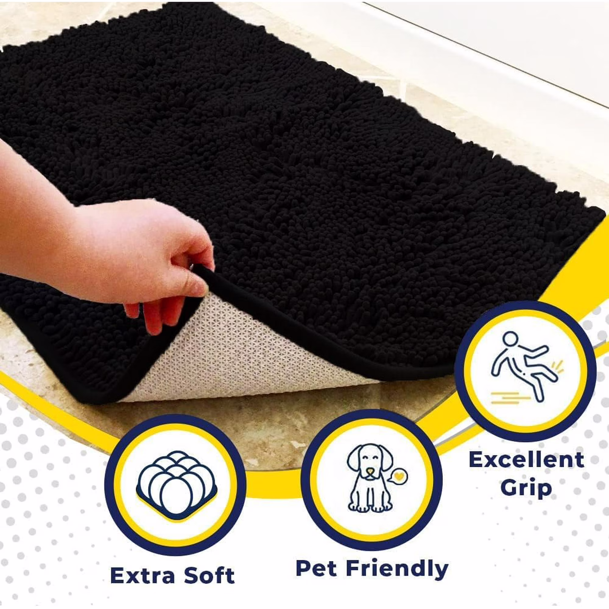Highly Absorbent Microfiber Door Mat and Pet Rug, Non Slip Thick Washable Area and Bath Mat Soft Chenille for Kitchen Bathroom Bedroom Indoor and Outdoor-Black Runner 24"X60"