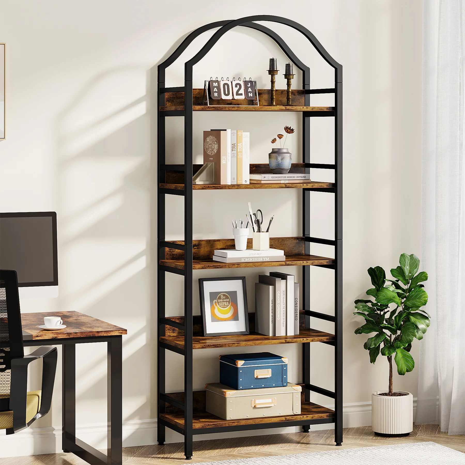 Tribesigns 5-tier Tall Bookshelf, 73 Inches Industrial Arched Etagere Bookcase Book Shelves Tower with 4 Hooks for Home Office