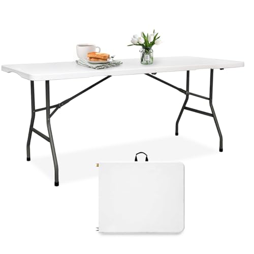 Folding Table 6FT HDPE 6 Foot Foldable Table Portable Banquet Surface Fold-in-Half Desk Utility for Working Meeting Parties, Picnic, Camping, Weddings, Catering, Garden Dining-White
