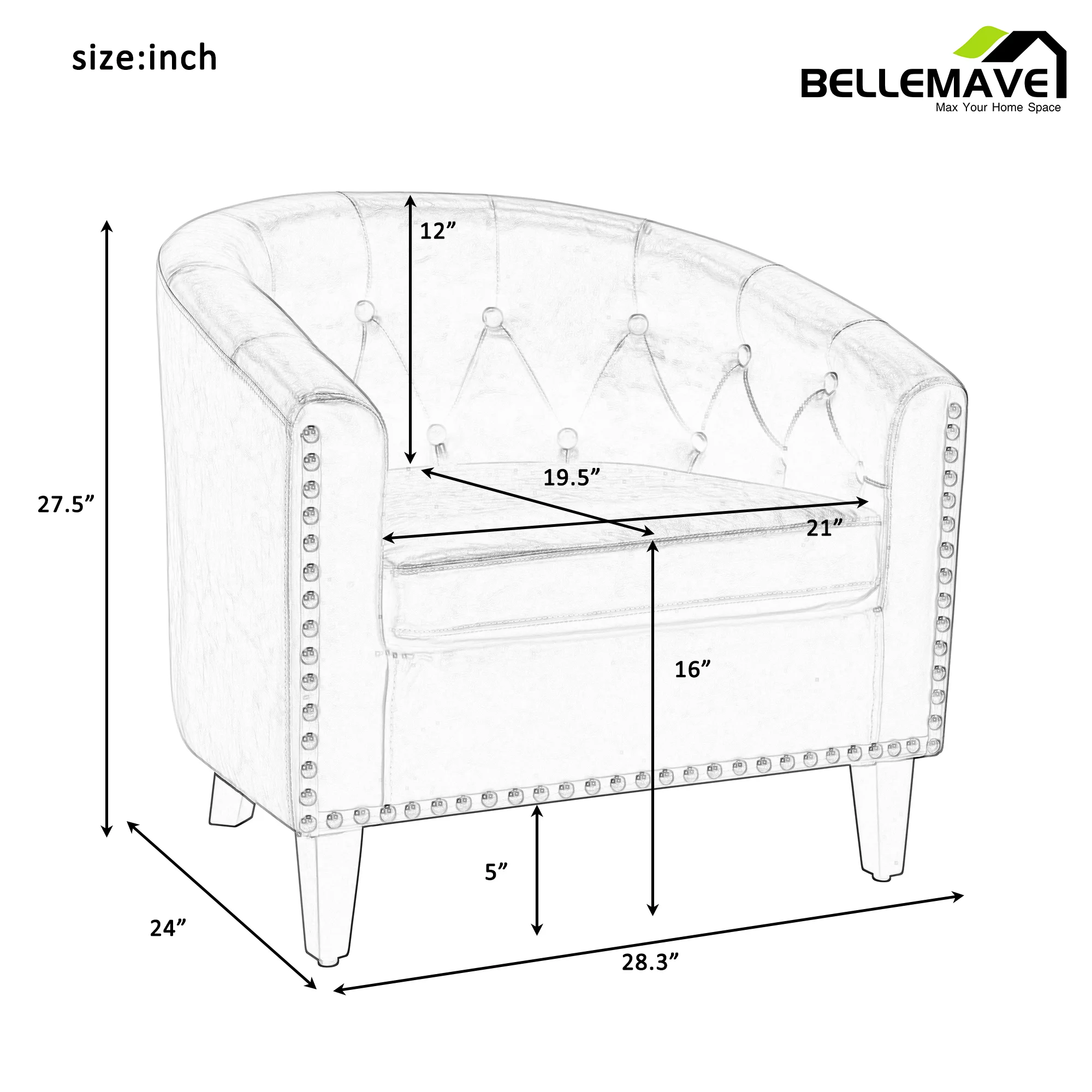 Bellemave Brown PU Leather Upholstery Barrel Chair Tub Chair for Living Room Bedroom, Stylish Tufted Armchair Sofa Chair with Rivet and Curved Backrest