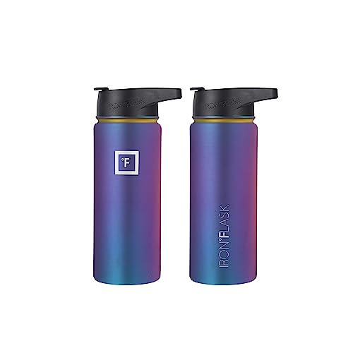 IRON °FLASK Camping & Hiking Hydration Flask with 3 Lids - Stainless Steel, Double Walled & Vacuum Insulated Water Bottle - Leak Proof & BPA Free (Midnight Black, Straw - 40 oz)