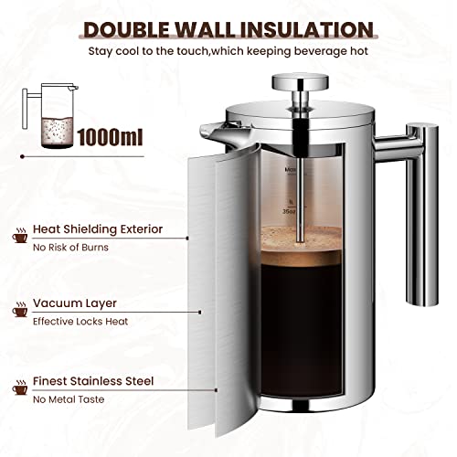 Velaze French Press Coffee Maker 34oz, Double Wall Insulated French Coffee Press Stainless Steel, 1L Coffee Maker Included 4 Extra Fliters and 1 Coffee Spoon, Silver