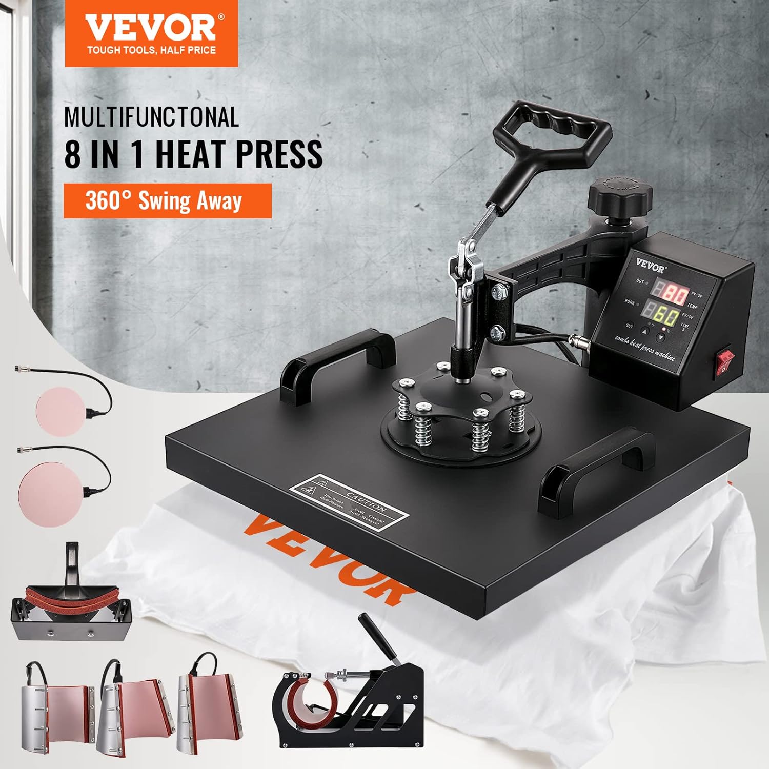 VEVOR 8 in 1 Heat Press Machine Combo 15x15, 360° Swing Away Tshirt Press Machine for Printing Hat Mug T Shirts Cap, Digital Multifunctional Sublimation Heat Transfer Machine